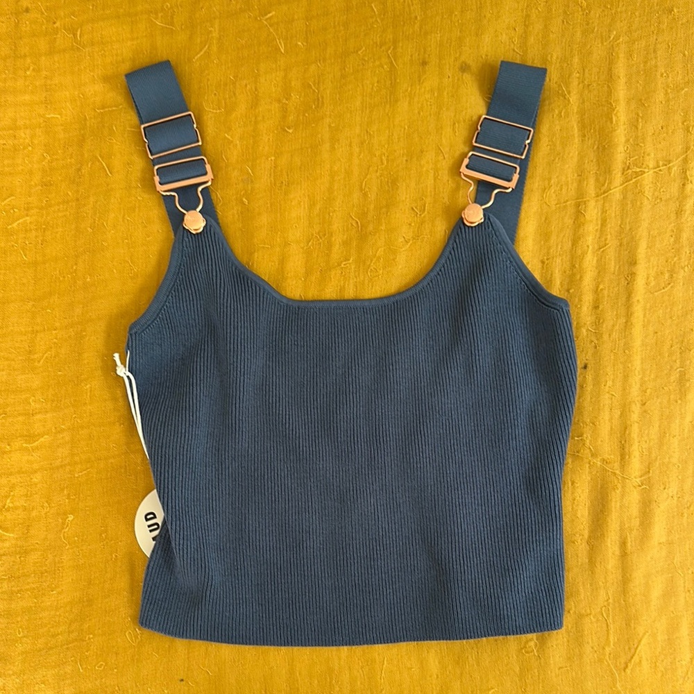 STAUD Blue Ribbed Tank Top with rose Gold Accents